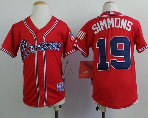 Braves #19 Andrelton Simmons Red Cool Base Stitched Youth MLB Jersey - Click Image to Close